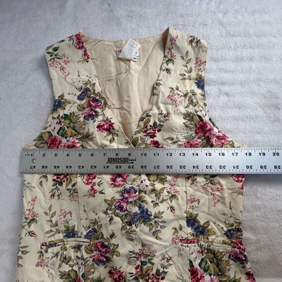 Talbots Womens V-Neck Floral Vest Medium Beige Striped Back Lightweight Pockets - Picture 6 of 7
